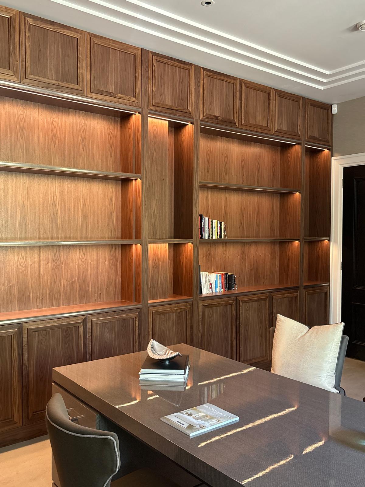 Bespoke walnut library and study by London Furniture Studio